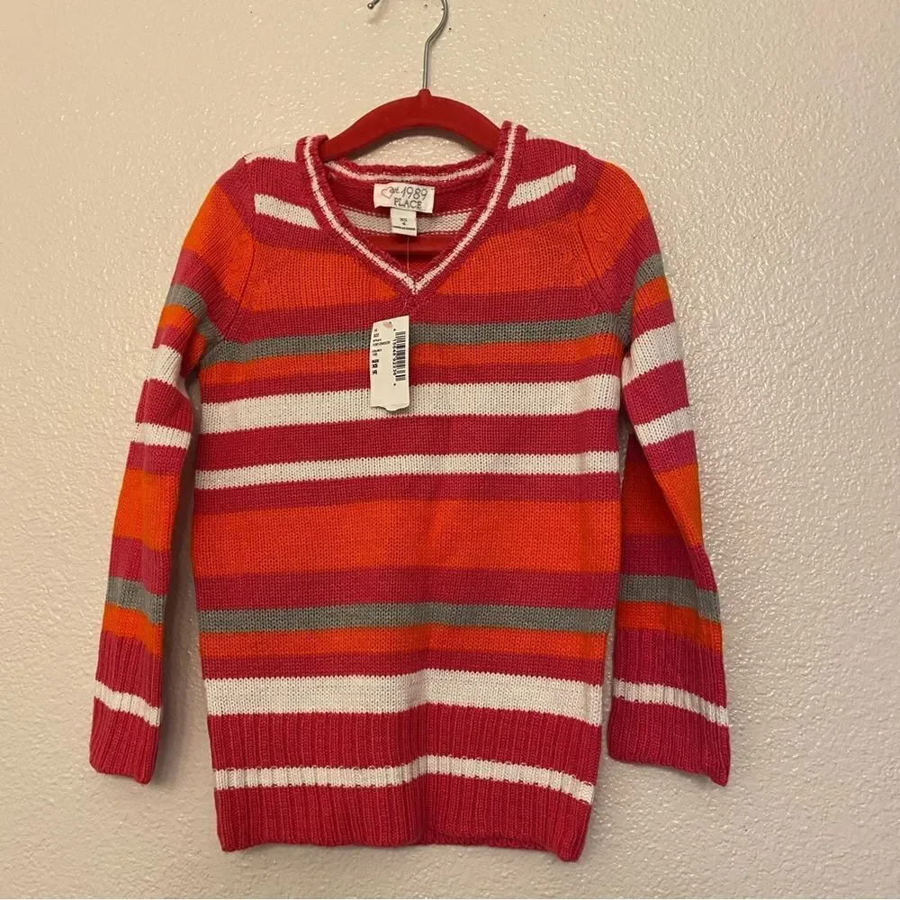 The Children place hot pink orange stripe V neck sweater XS 4 NEW